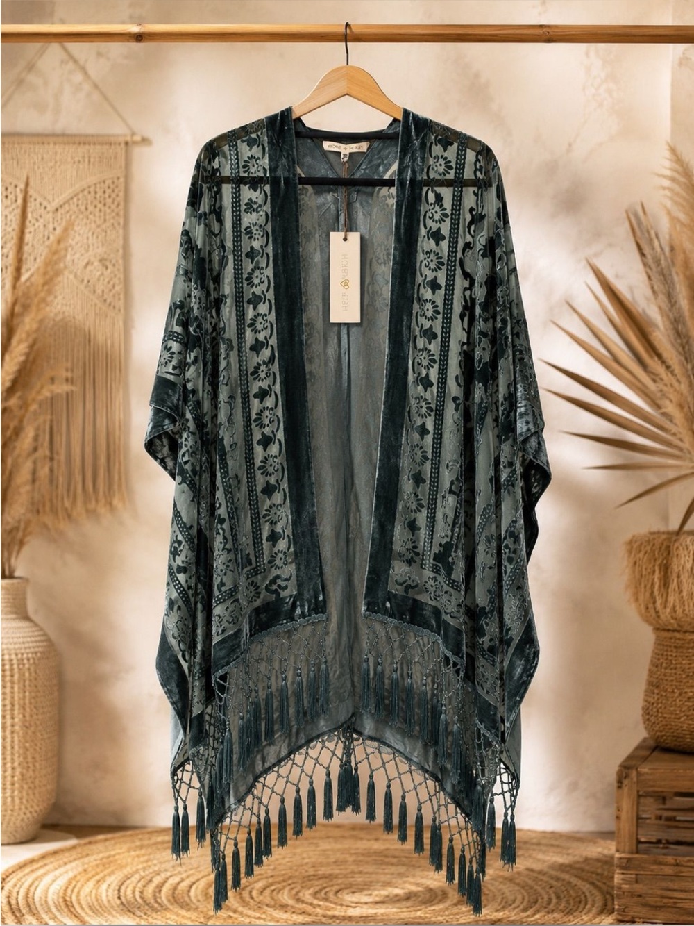 Woven Heart Teal Velvet Burnout Kimono with Tassel Fringe